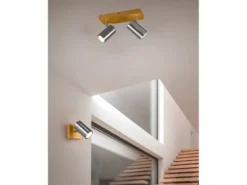 Deckenstrahler MARLEY Silber mit Holz 2-flammig, Breite 25cm