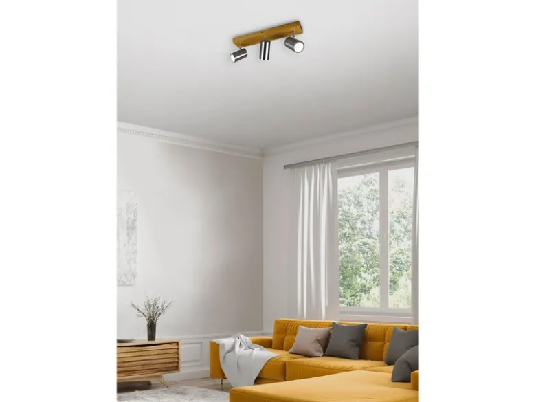 Deckenstrahler MARLEY Silber mit Holz 3-flammig, Breite 44cm