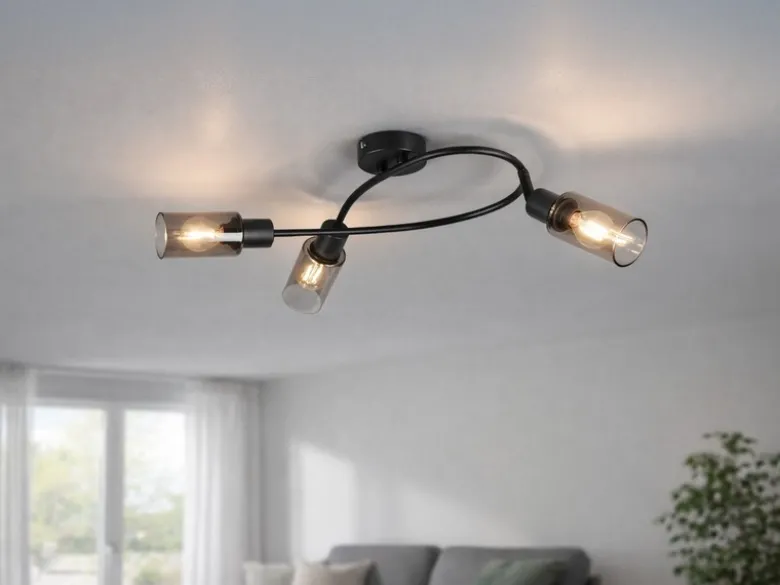 Deckenstrahler MARS 3-flammig Schwarz mit Rauchglas Lampenschirmen, Breite 45cm