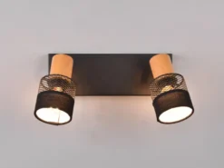 Deckenstrahler NANDINI 2-flammig, Holz & Draht-Stoff Lampenschirm, Breite 38,5cm