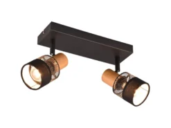 Deckenstrahler NANDINI 2-flammig, Holz & Draht-Stoff Lampenschirm, Breite 38,5cm