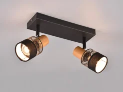 Deckenstrahler NANDINI 2-flammig, Holz & Draht-Stoff Lampenschirm, Breite 38,5cm