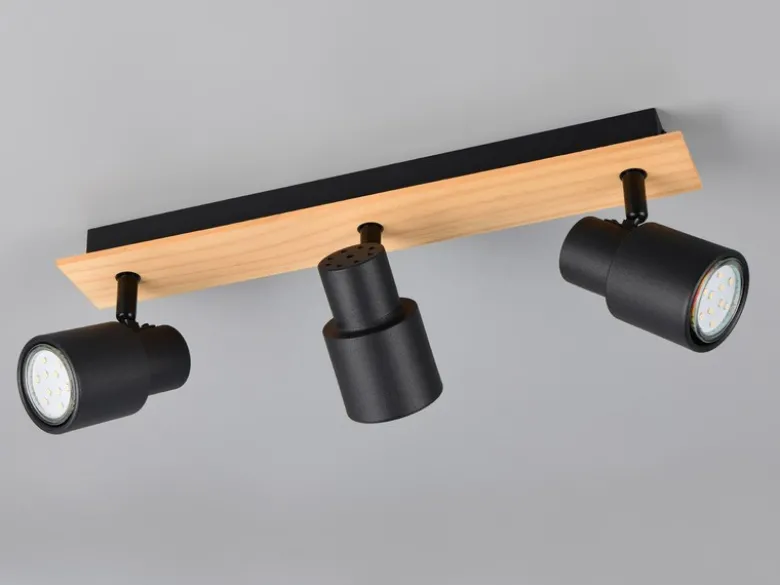 Deckenstrahler PIERRE 3-flammig aus Metall in Schwarz mit Holz, Breite 46cm