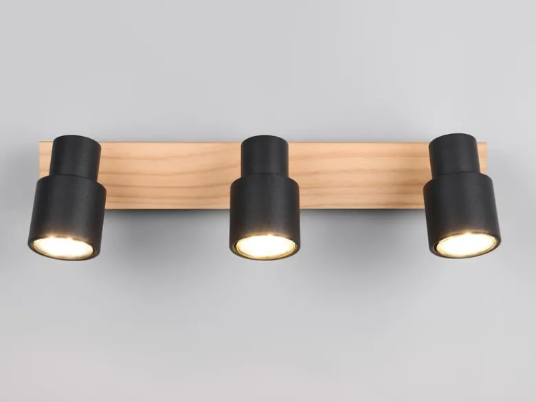 Deckenstrahler PIERRE 3-flammig aus Metall in Schwarz mit Holz, Breite 46cm