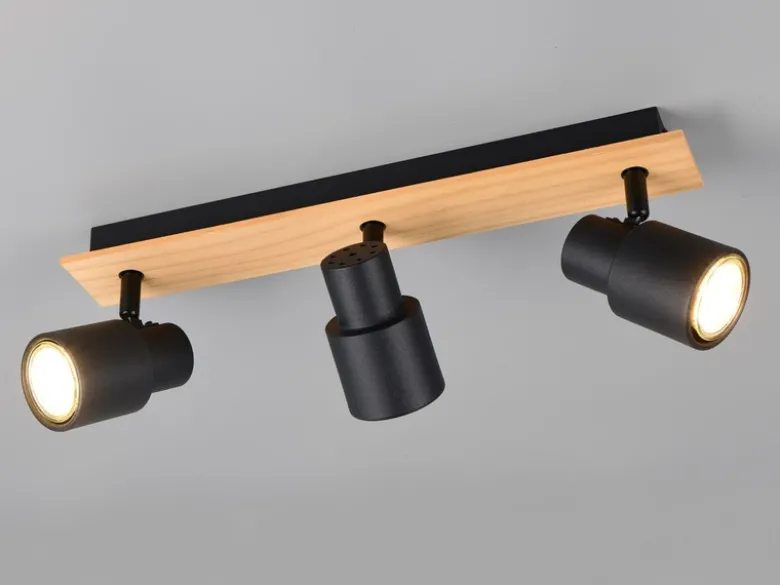 Deckenstrahler PIERRE 3-flammig aus Metall in Schwarz mit Holz, Breite 46cm