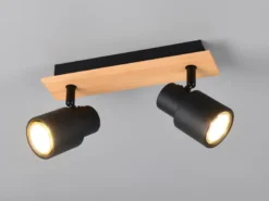 Deckenstrahler PIERRE 2-flammig aus Metall in Schwarz mit Holz, Breite 31cm