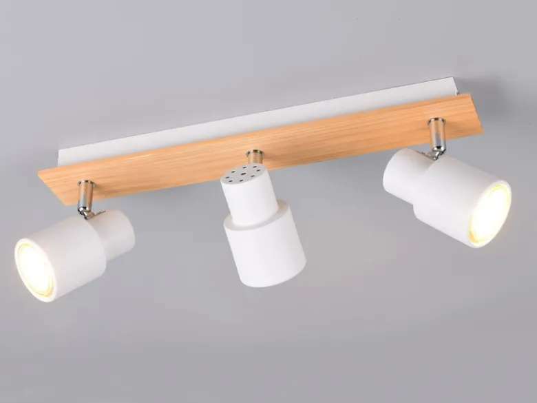 Deckenstrahler PIERRE 3-flammig aus Metall in Weiß mit Holz, Breite 46cm