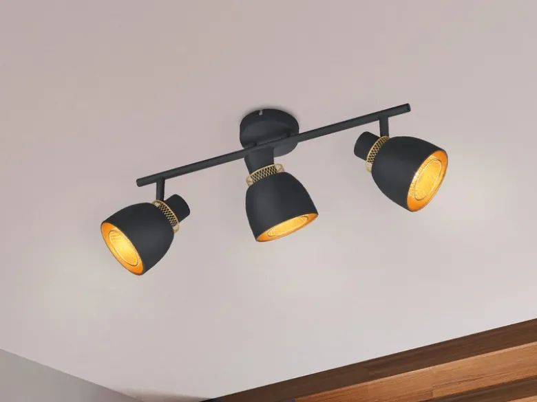 Deckenstrahler PUNCH 3-flammig Schwarz Gold mit Drahtgeflecht, Breite 45cm