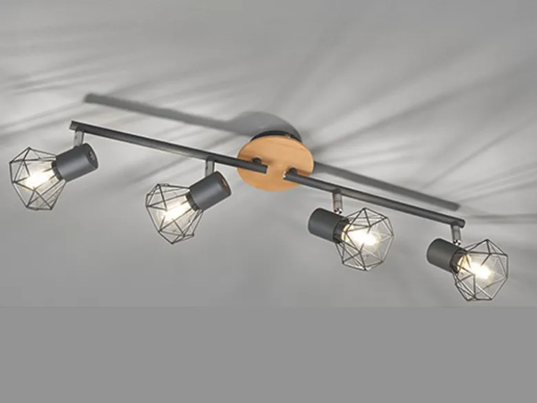Deckenstrahler RAN Grau / Holz 4-flammig, Gitterlampe schwenkbar, Breite 60cm