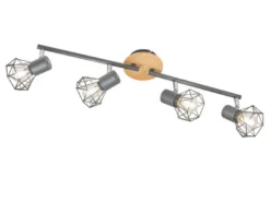 Deckenstrahler RAN Grau / Holz 4-flammig, Gitterlampe schwenkbar, Breite 60cm