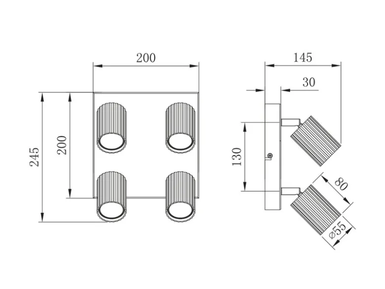 Deckenstrahler SOKA 4-flammig aus Metall Hellgrau, Quadrat 20cm