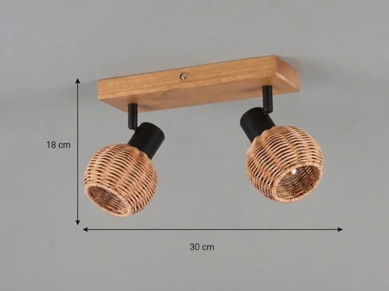 Deckenstrahler TAVAR 2-flammig Holz mit Rattan Korbgeflecht, Breite 30cm