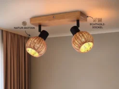 Deckenstrahler TAVAR 2-flammig Holz mit Rattan Korbgeflecht, Breite 30cm