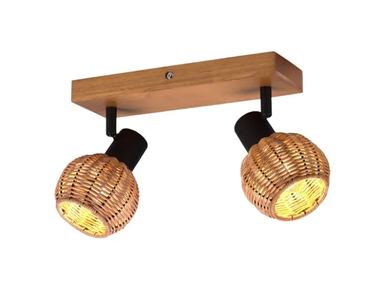 Deckenstrahler TAVAR 2-flammig Holz mit Rattan Korbgeflecht, Breite 30cm