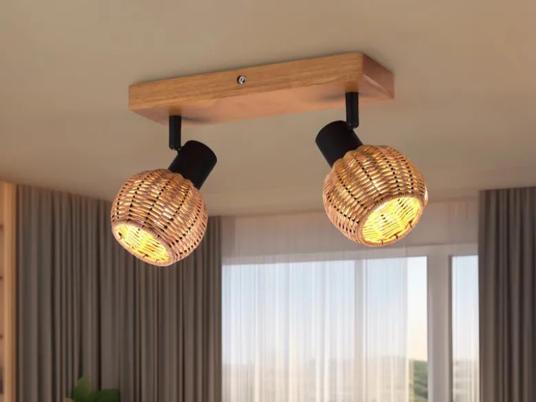 Deckenstrahler TAVAR 2-flammig Holz mit Rattan Korbgeflecht, Breite 30cm