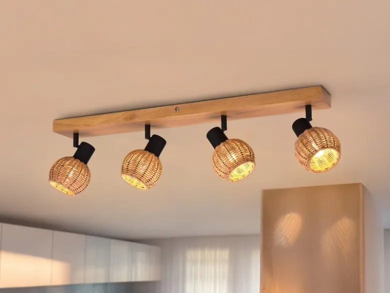Deckenstrahler TAVAR 4-flammig Holz mit Rattan Korbgeflecht, Breite 70cm