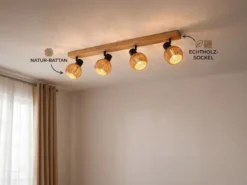Deckenstrahler TAVAR 4-flammig Holz mit Rattan Korbgeflecht, Breite 70cm