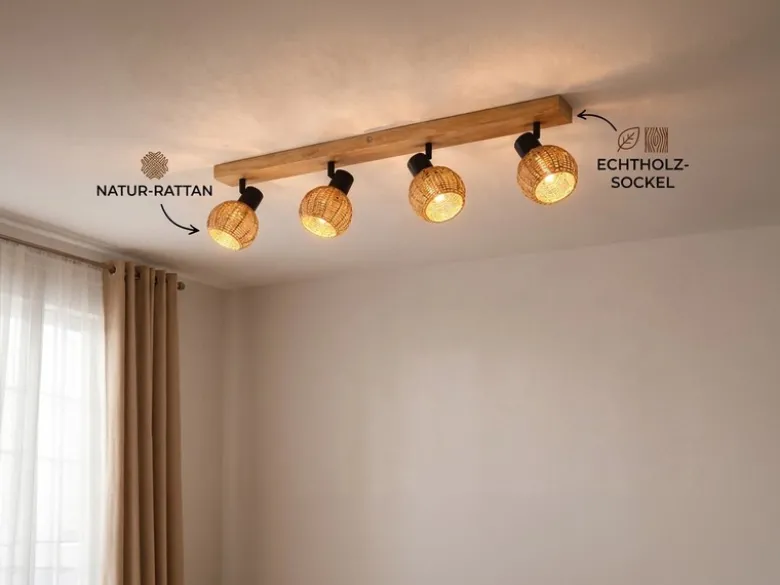 Deckenstrahler TAVAR 4-flammig Holz mit Rattan Korbgeflecht, Breite 70cm