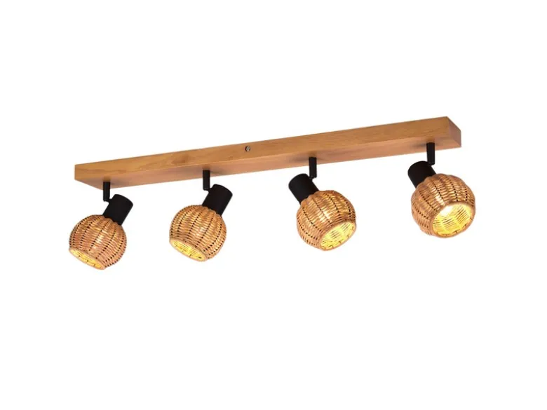 Deckenstrahler TAVAR 4-flammig Holz mit Rattan Korbgeflecht, Breite 70cm