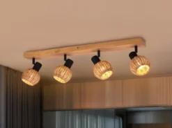 Deckenstrahler TAVAR 4-flammig Holz mit Rattan Korbgeflecht, Breite 70cm