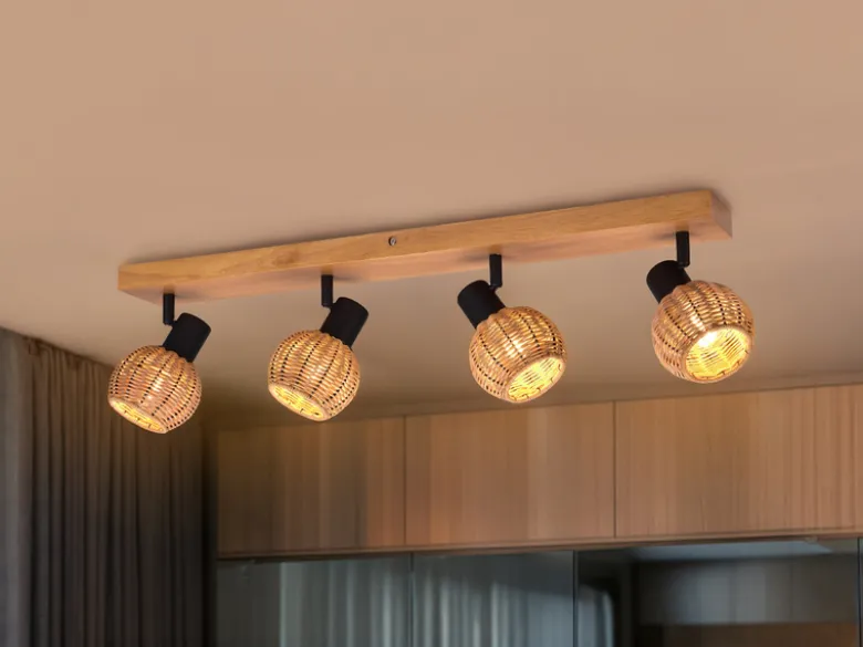 Deckenstrahler TAVAR 4-flammig Holz mit Rattan Korbgeflecht, Breite 70cm