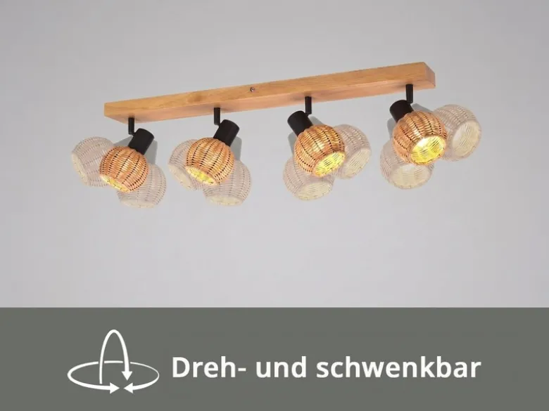 Deckenstrahler TAVAR 4-flammig Holz mit Rattan Korbgeflecht, Breite 70cm