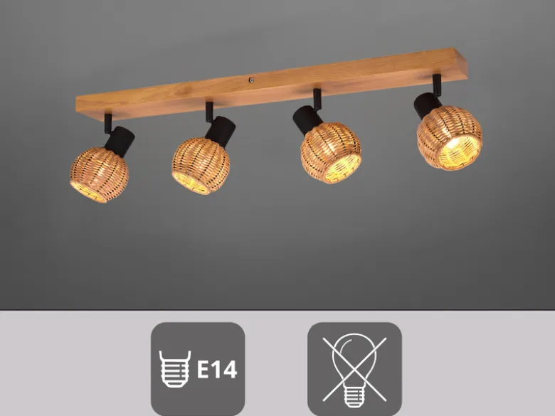 Deckenstrahler TAVAR 4-flammig Holz mit Rattan Korbgeflecht, Breite 70cm