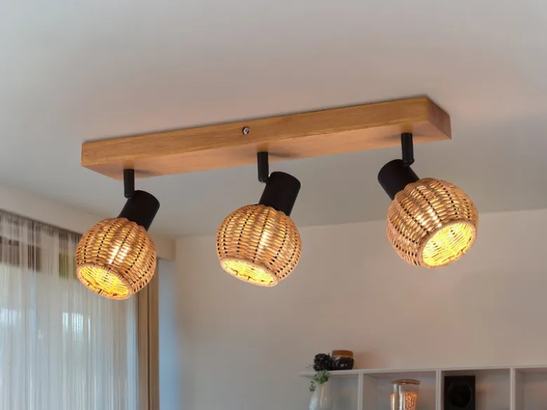 Deckenstrahler TAVAR 3-flammig Holz mit Rattan Korbgeflecht, Breite 50cm