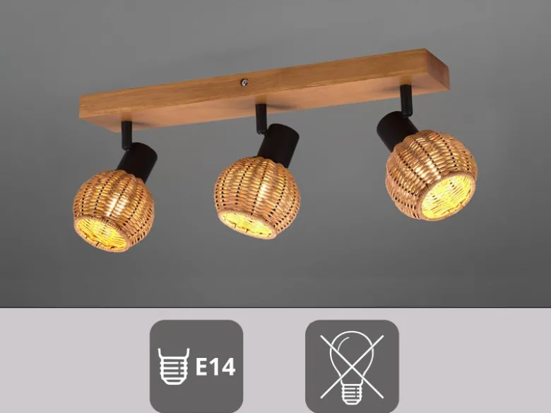 Deckenstrahler TAVAR 3-flammig Holz mit Rattan Korbgeflecht, Breite 50cm