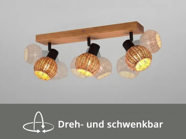 Deckenstrahler TAVAR 3-flammig Holz mit Rattan Korbgeflecht, Breite 50cm