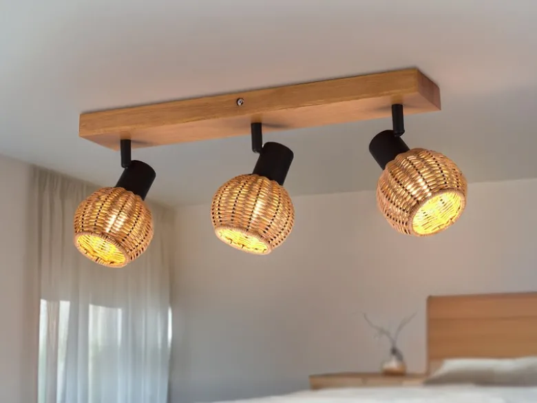 Deckenstrahler TAVAR 3-flammig Holz mit Rattan Korbgeflecht, Breite 50cm
