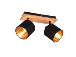 Deckenstrahler TOMMY 2-flammig Holz, Stoffschirme Schwarz Gold, Breite 28cm