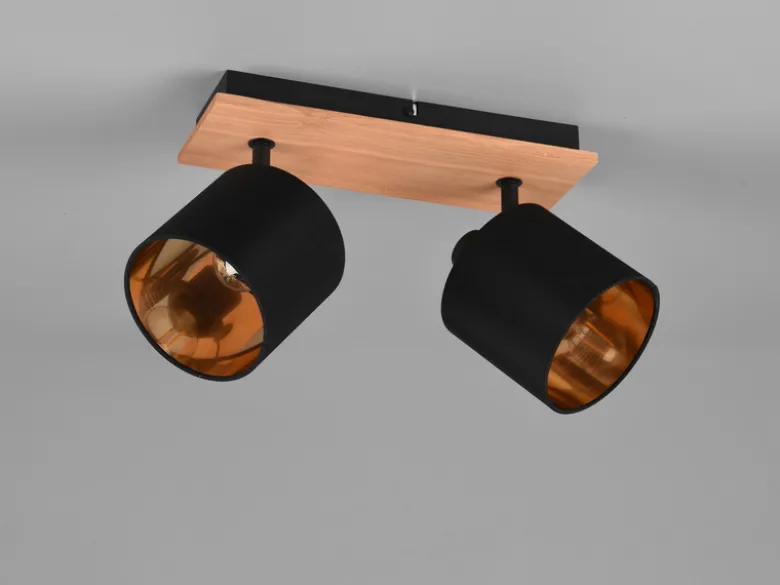 Deckenstrahler TOMMY 2-flammig Holz, Stoffschirme Schwarz Gold, Breite 28cm