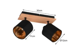 Deckenstrahler TOMMY 2-flammig Holz, Stoffschirme Schwarz Gold, Breite 28cm