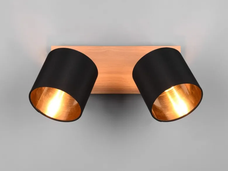 Deckenstrahler TOMMY 2-flammig Holz, Stoffschirme Schwarz Gold, Breite 28cm