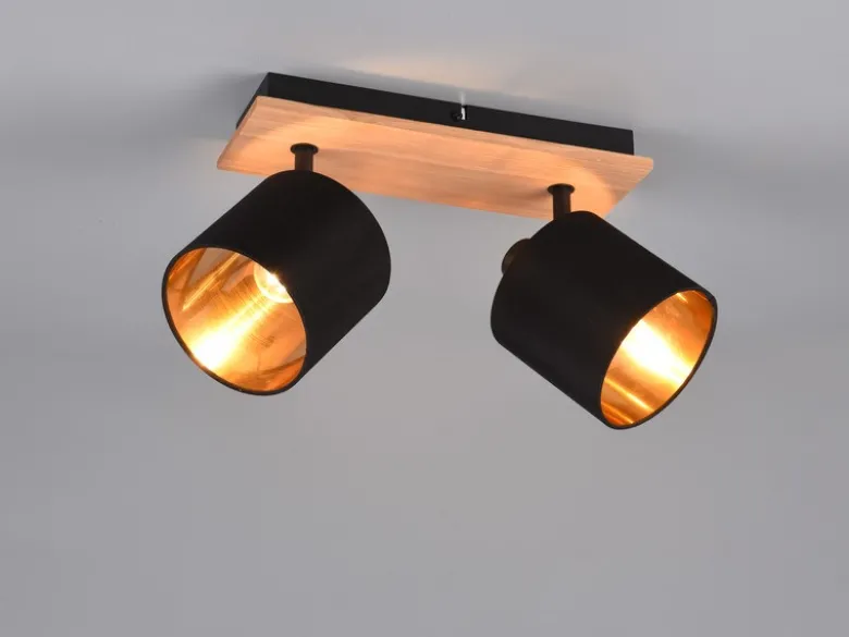 Deckenstrahler TOMMY 2-flammig Holz, Stoffschirme Schwarz Gold, Breite 28cm