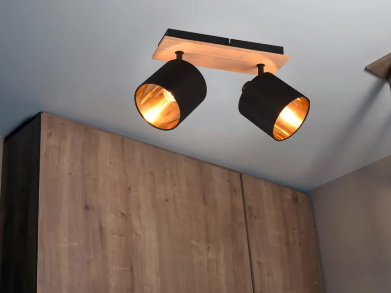 Deckenstrahler TOMMY 2-flammig Holz, Stoffschirme Schwarz Gold, Breite 28cm