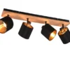 Deckenstrahler TOMMY 4-flammig Holz, Stoffschirme Schwarz Gold, Breite 70cm