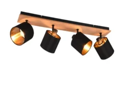 Deckenstrahler TOMMY 4-flammig Holz, Stoffschirme Schwarz Gold, Breite 70cm