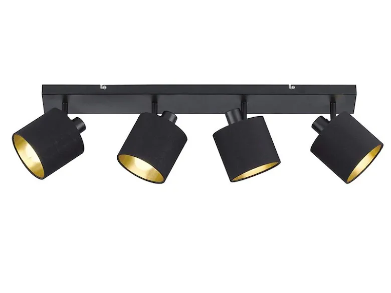 Deckenstrahler TOMMY 4-flammig Schwarz, Stoffschirme Schwarz Gold, Breite 70cm