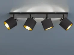 Deckenstrahler TOMMY 4-flammig Schwarz, Stoffschirme Schwarz Gold, Breite 70cm