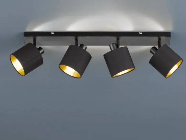 Deckenstrahler TOMMY 4-flammig Schwarz, Stoffschirme Schwarz Gold, Breite 70cm