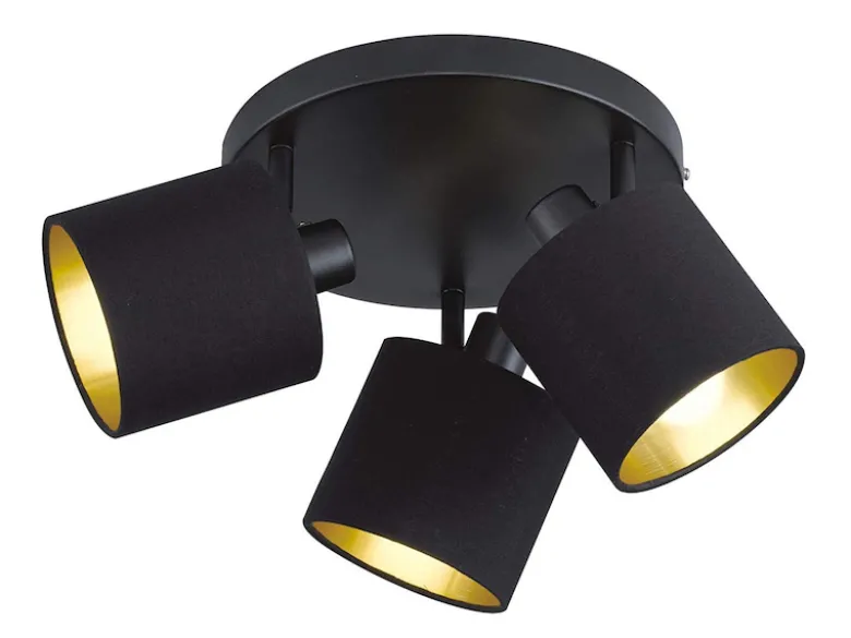 Deckenstrahler TOMMY 3-flammig Schwarz, Stoffschirme Schwarz Gold, Ø 25cm