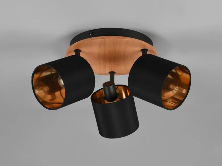 Deckenstrahler TOMMY 3-flammig Holz & Stoffschirme Schwarz Gold, Ø 25cm