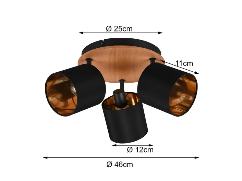 Deckenstrahler TOMMY 3-flammig Holz & Stoffschirme Schwarz Gold, Ø 25cm