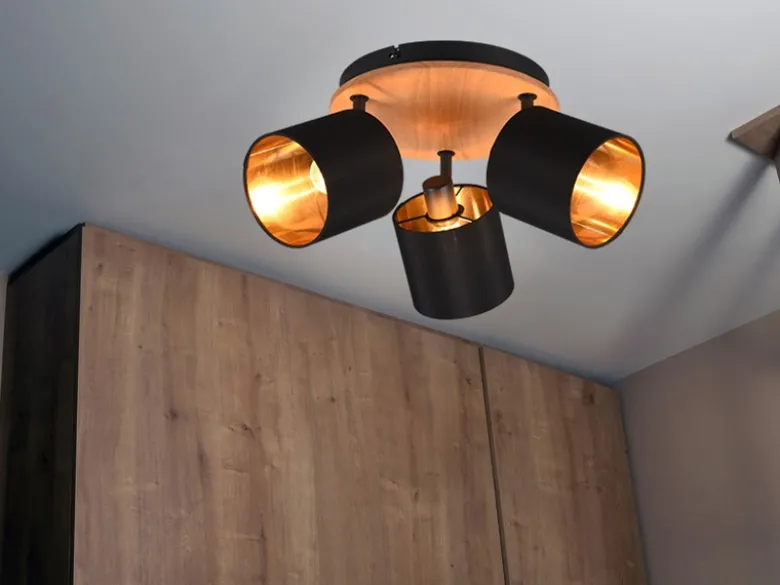 Deckenstrahler TOMMY 3-flammig Holz & Stoffschirme Schwarz Gold, Ø 25cm
