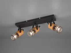 Deckenstrahler TOSH 3-flammig, Schwarz mit Holz & Gitterschirmen, Breite 44cm
