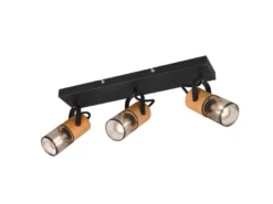Deckenstrahler TOSH 3-flammig, Schwarz mit Holz & Gitterschirmen, Breite 44cm