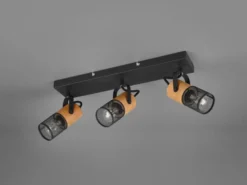 Deckenstrahler TOSH 3-flammig, Schwarz mit Holz & Gitterschirmen, Breite 44cm