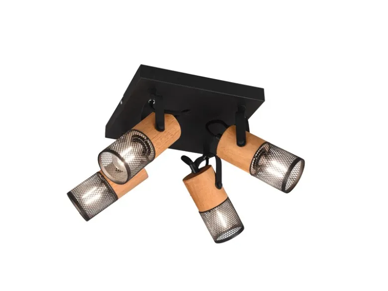 Deckenstrahler TOSH 4-flammig, Schwarz mit Holz, Quadrat 22cm